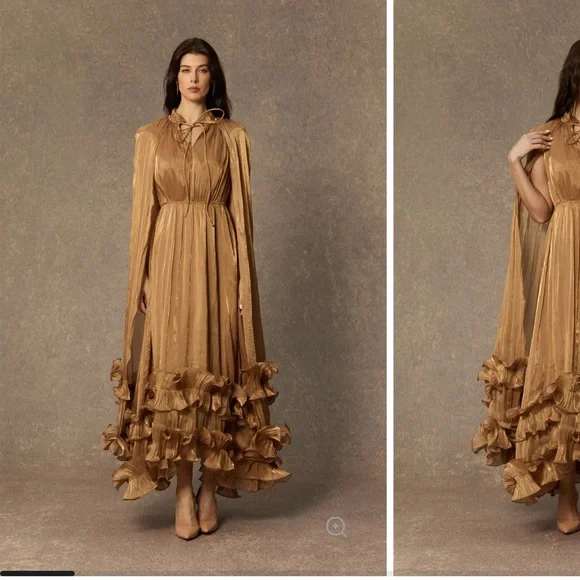 Sunfere Shirley Gold Ruffled Midi Dress - Picture 1 of 14